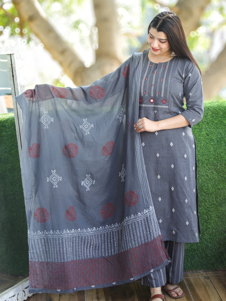 Sadka Slate Grey Thread Weaved Yoke with Mirror in Weaved South Cotton 3 Piece Set