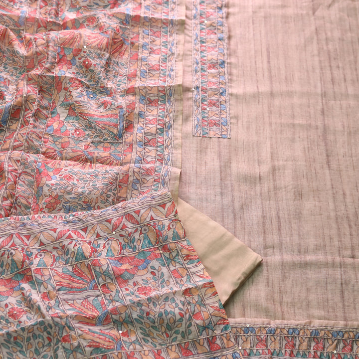 Ishqkiya Skin Beige Madhubani Patch with Kantha Detailing Chanderi Suit Set
