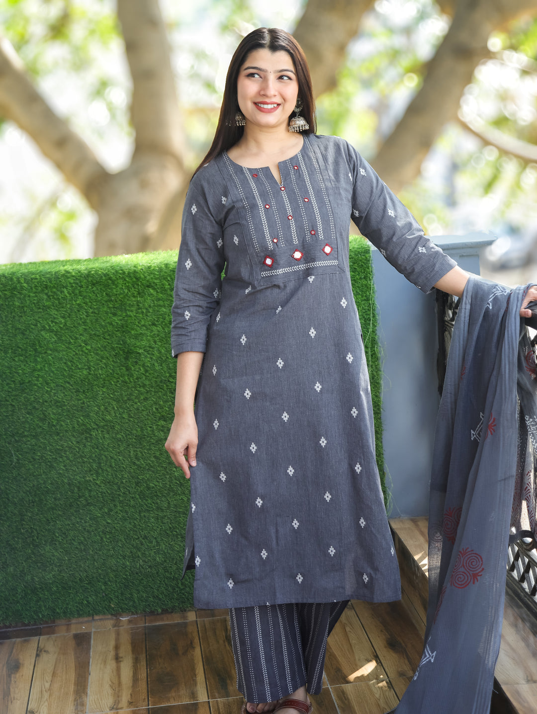 Sadka Slate Grey Thread Weaved Yoke with Mirror in Weaved South Cotton 3 Piece Set