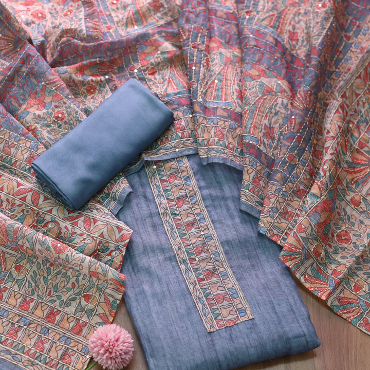 Ishqkiya Pebble Blue Madhubani Patch with Kantha Detailing Chanderi Suit Set
