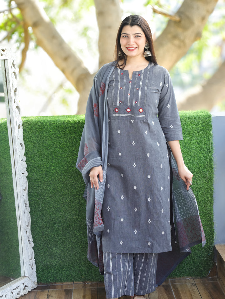 Sadka Slate Grey Thread Weaved Yoke with Mirror in Weaved South Cotton 3 Piece Set