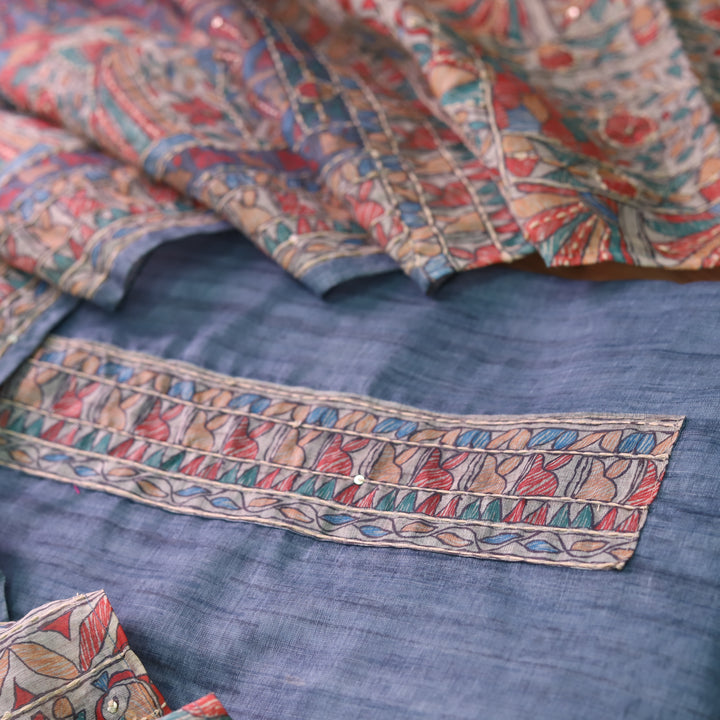 Ishqkiya Pebble Blue Madhubani Patch with Kantha Detailing Chanderi Suit Set