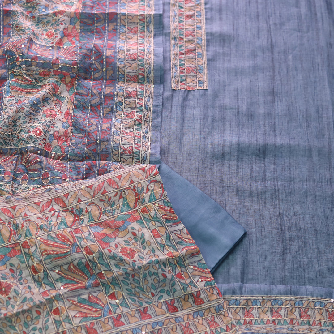 Ishqkiya Pebble Blue Madhubani Patch with Kantha Detailing Chanderi Suit Set
