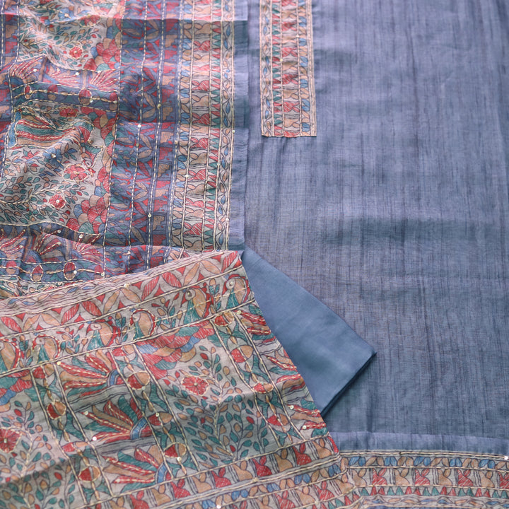 Ishqkiya Pebble Blue Madhubani Patch with Kantha Detailing Chanderi Suit Set