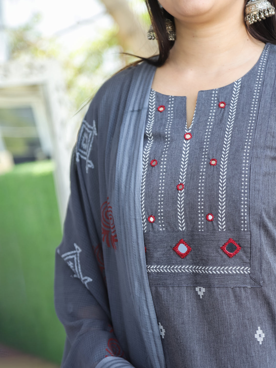 Sadka Slate Grey Thread Weaved Yoke with Mirror in Weaved South Cotton 3 Piece Set