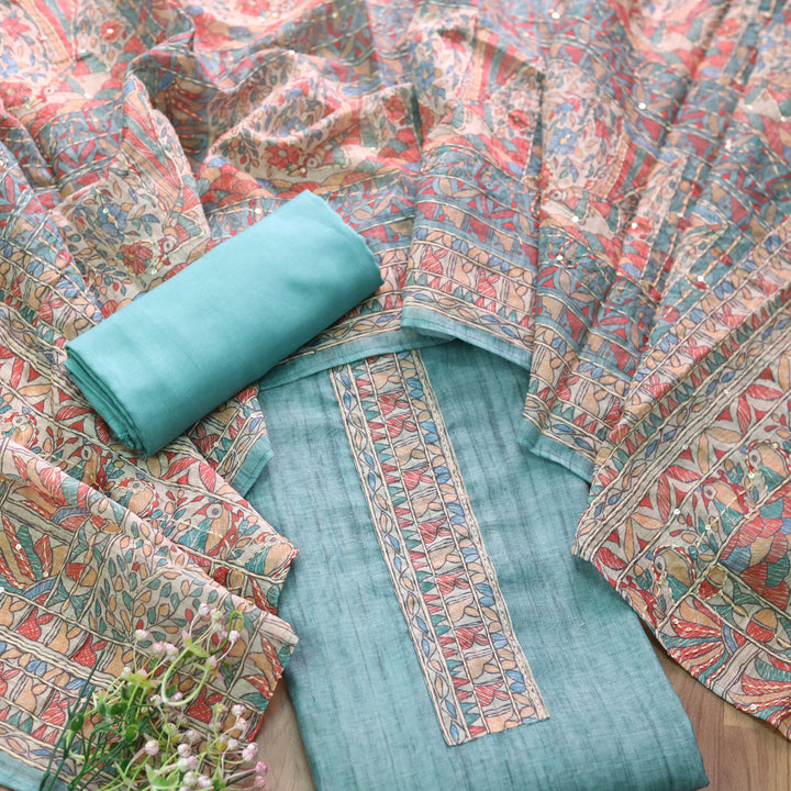 Ishqkiya Sea Ocean Blue Madhubani Patch with Kantha Detailing Chanderi Suit Set