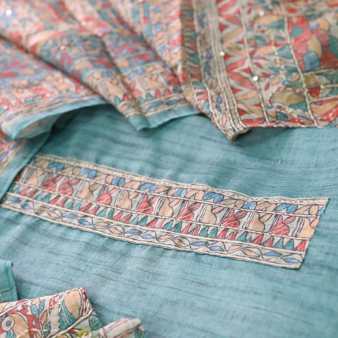 Ishqkiya Sea Ocean Blue Madhubani Patch with Kantha Detailing Chanderi Suit Set