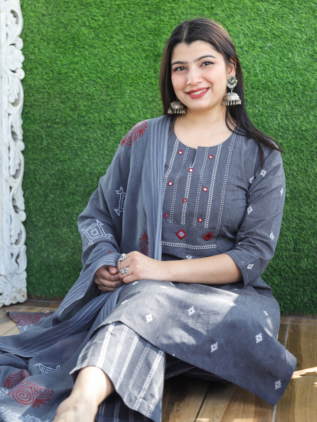 Sadka Slate Grey Thread Weaved Yoke with Mirror in Weaved South Cotton 3 Piece Set