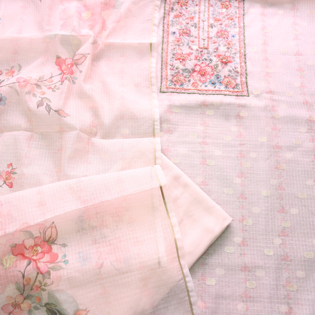 Shristhi Buttermilk Cream Moti with Thread Work Floral Printed Yoke  Kota Doriya Set