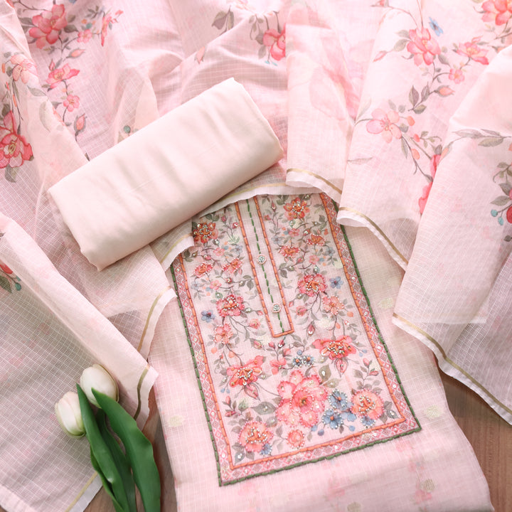Shristhi Buttermilk Cream Moti with Thread Work Floral Printed Yoke  Kota Doriya Set