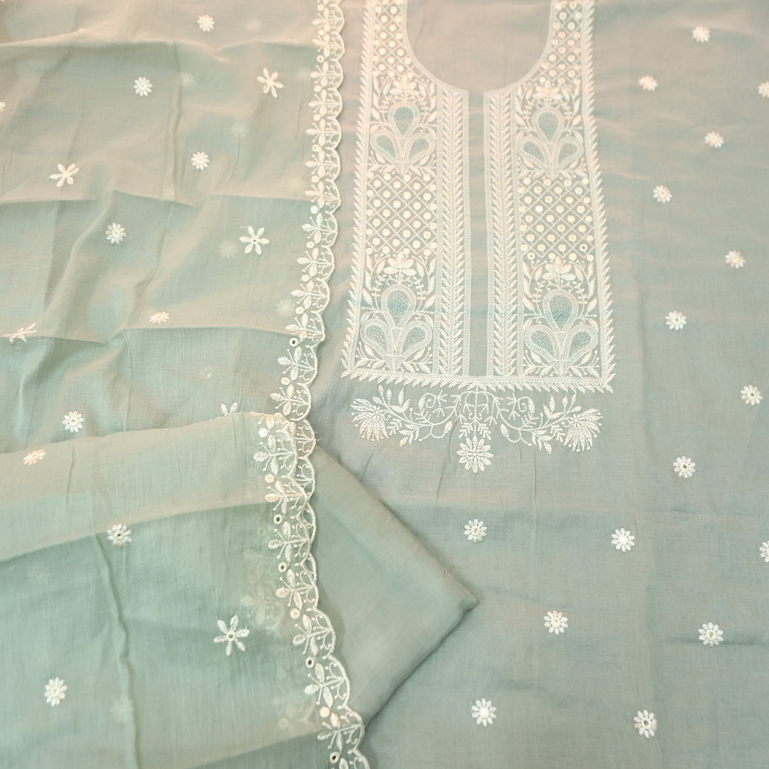 Saloni Sage Green Embroidered with Patra Work Mul Chanderi Set