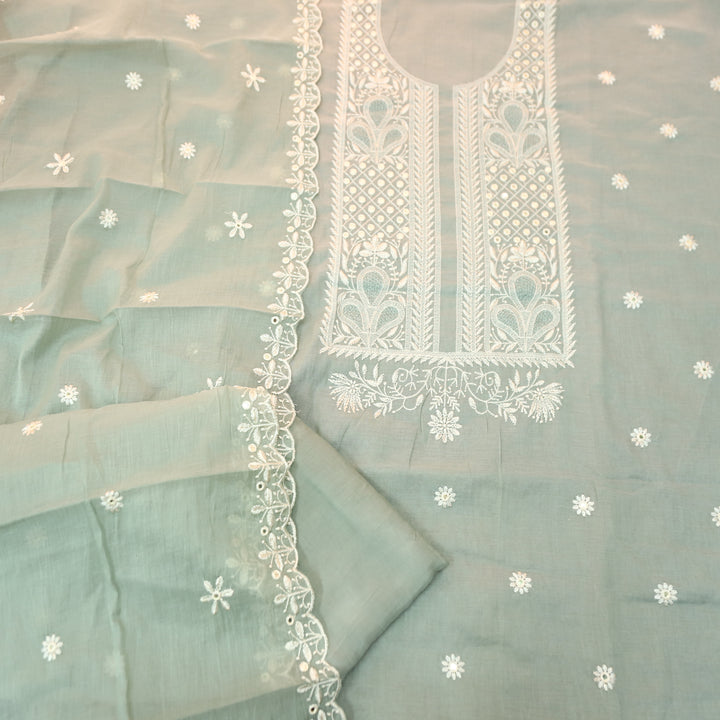 Saloni Sage Green Embroidered with Patra Work Mul Chanderi Set