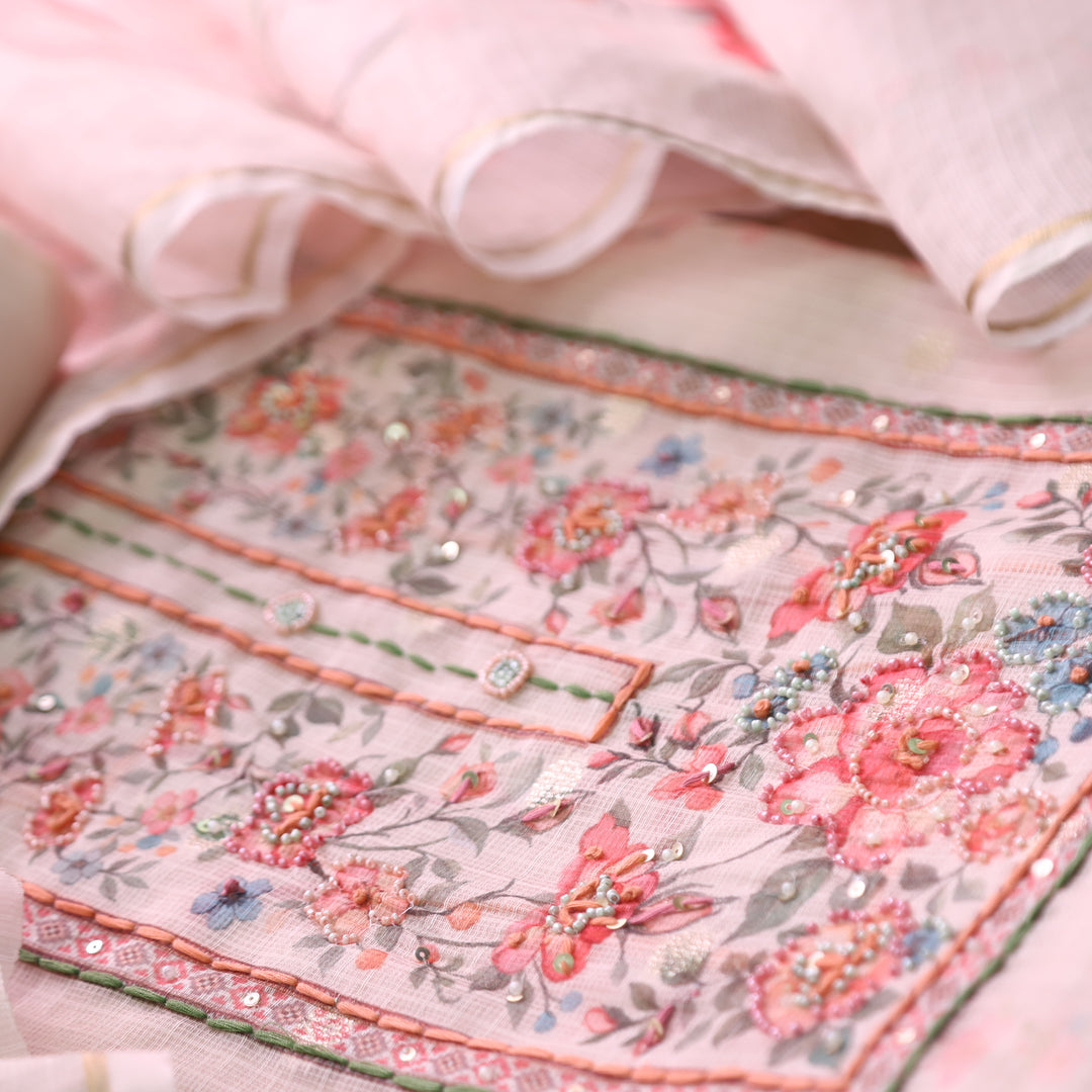 Shristhi Buttermilk Cream Moti with Thread Work Floral Printed Yoke  Kota Doriya Set