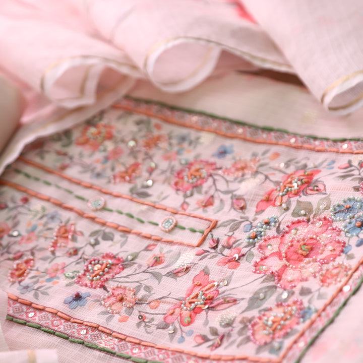 Shristhi Buttermilk Cream Moti with Thread Work Floral Printed Yoke  Kota Doriya Set