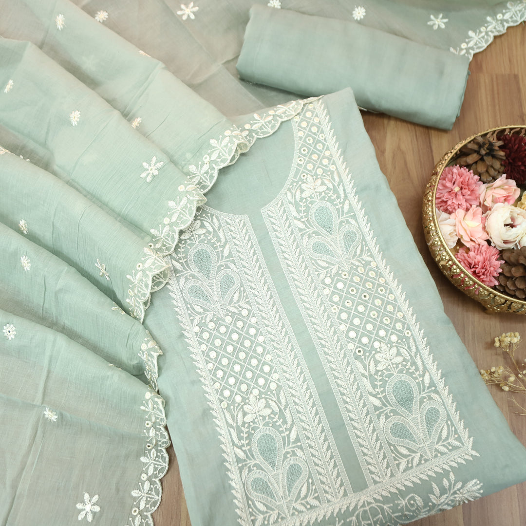 Saloni Sage Green Embroidered with Patra Work Mul Chanderi Set