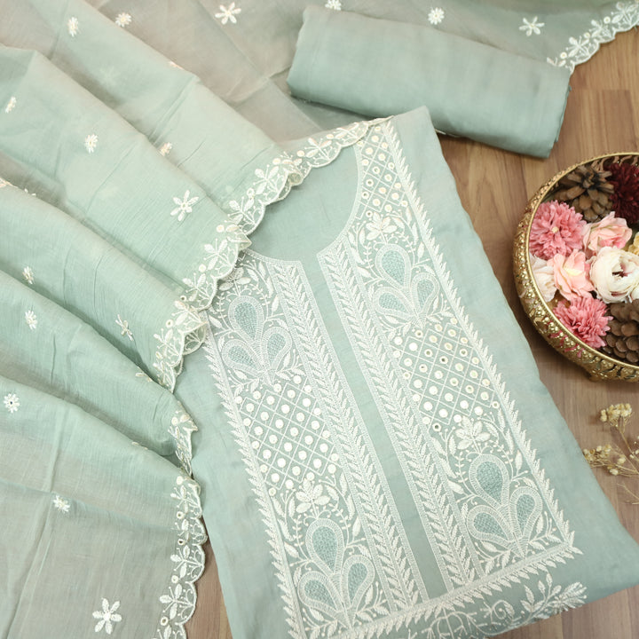 Saloni Sage Green Embroidered with Patra Work Mul Chanderi Set