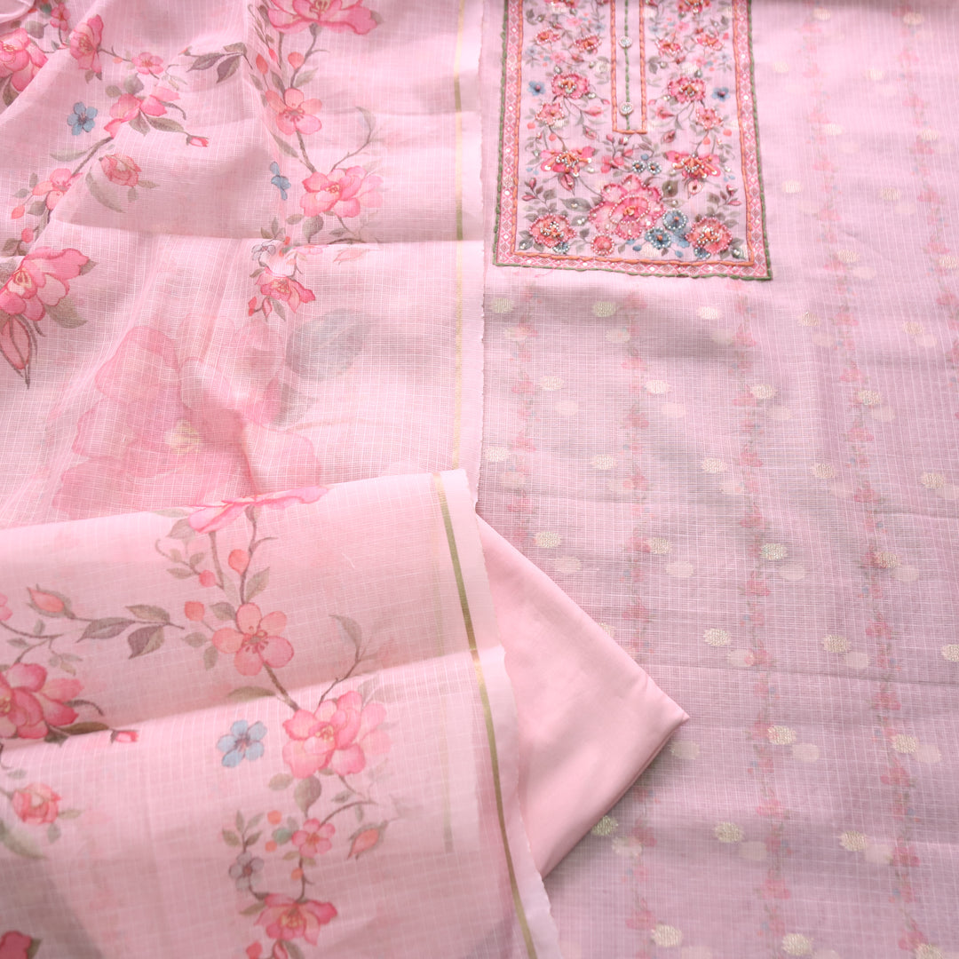 Shristhi Candy PInk Moti with Thread Work Floral Printed Yoke  Kota Doriya Set
