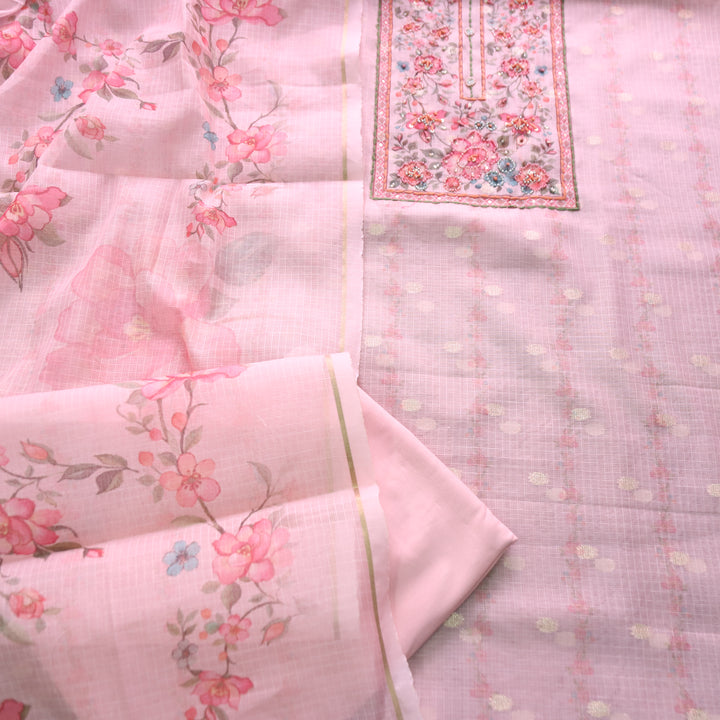Shristhi Candy PInk Moti with Thread Work Floral Printed Yoke  Kota Doriya Set