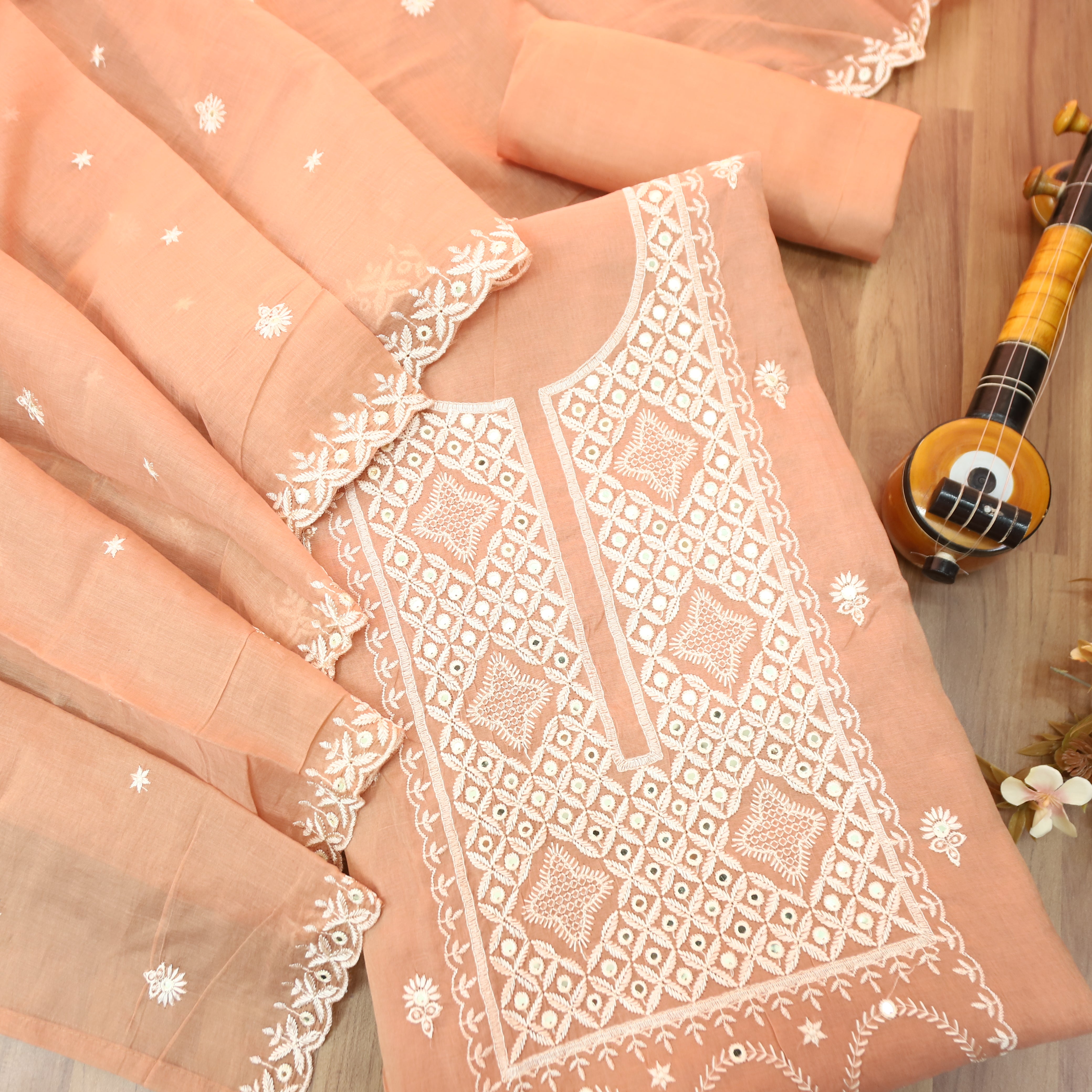 Vamika Pastel Peach Embroidered with Patra Panel Mul Chanderi Set ...