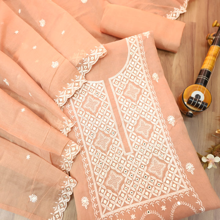 Vamika Pastel Peach Embroidered with Patra Panel Mul Chanderi Set