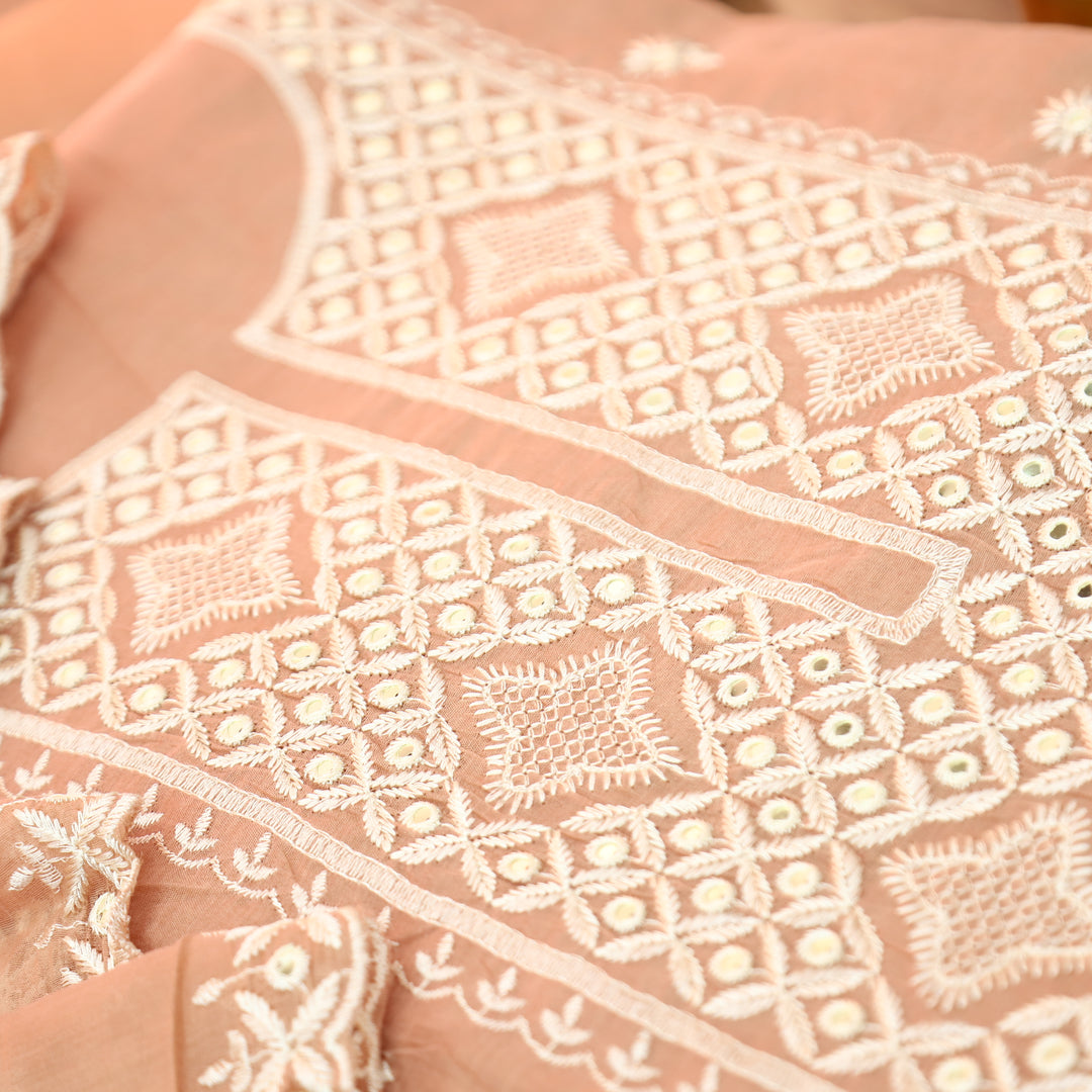 Vamika Pastel Peach Embroidered with Patra Panel Mul Chanderi Set
