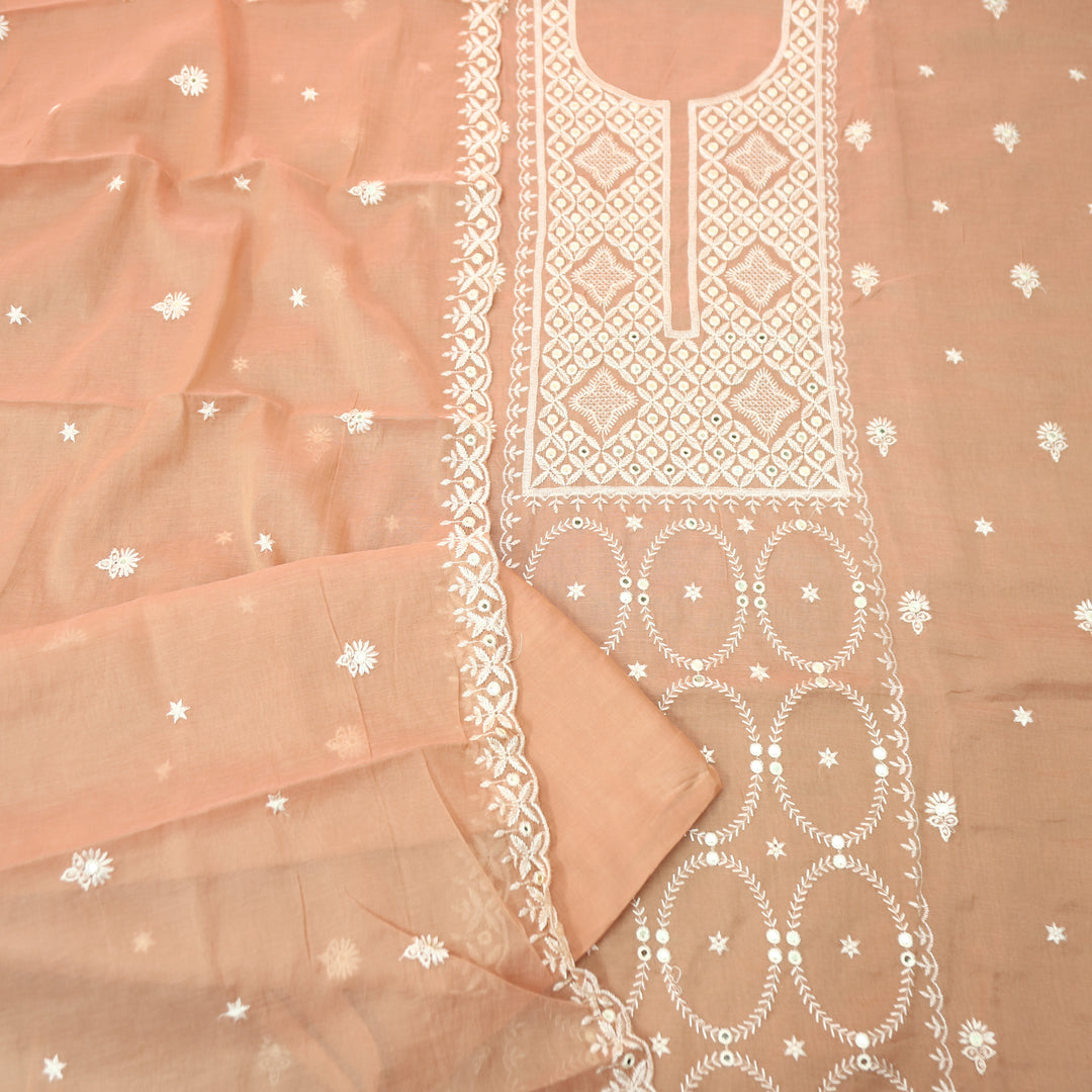 Vamika Pastel Peach Embroidered with Patra Panel Mul Chanderi Set