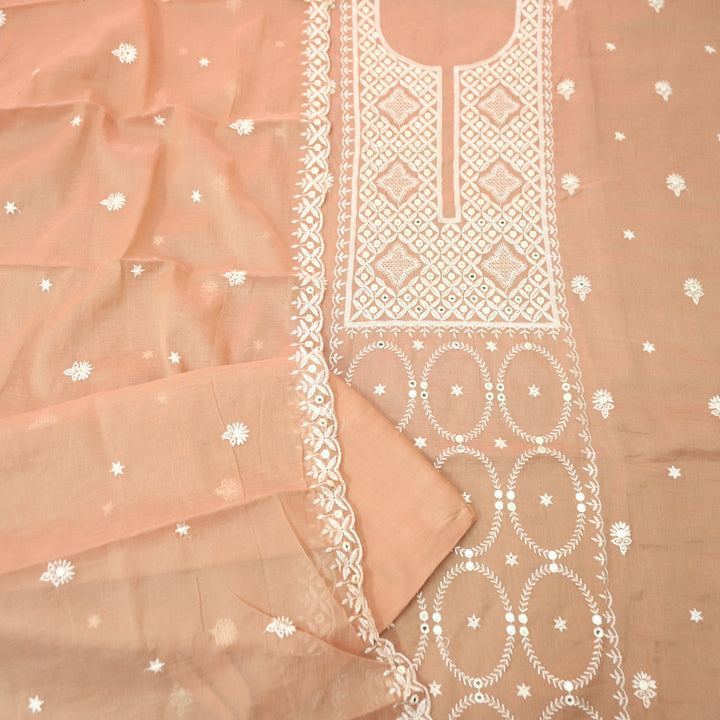 Vamika Pastel Peach Embroidered with Patra Panel Mul Chanderi Set