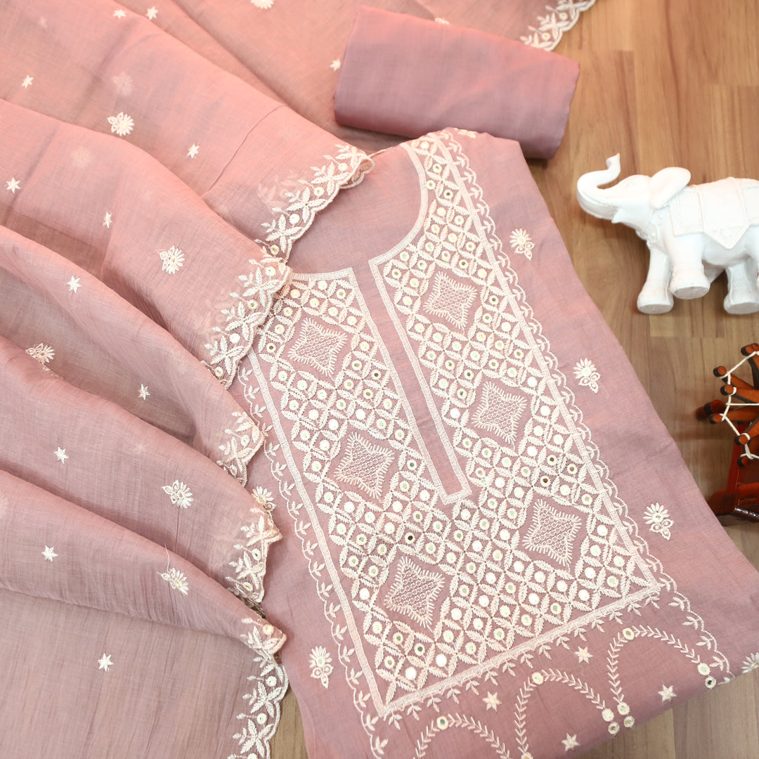 Vamika Helio Mauve Embroidered with Patra Panel Mul Chanderi Set
