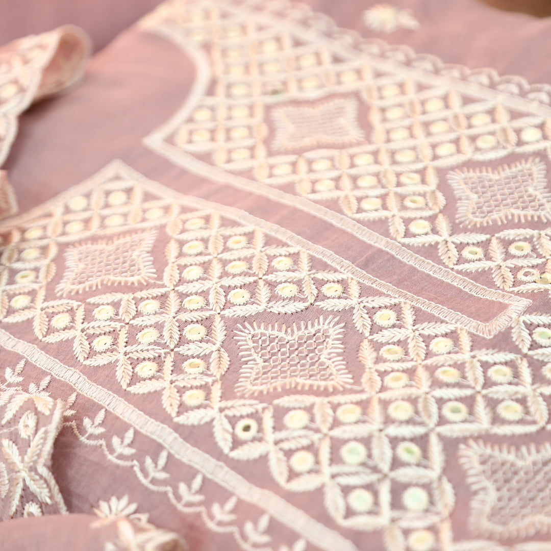 Vamika Helio Mauve Embroidered with Patra Panel Mul Chanderi Set