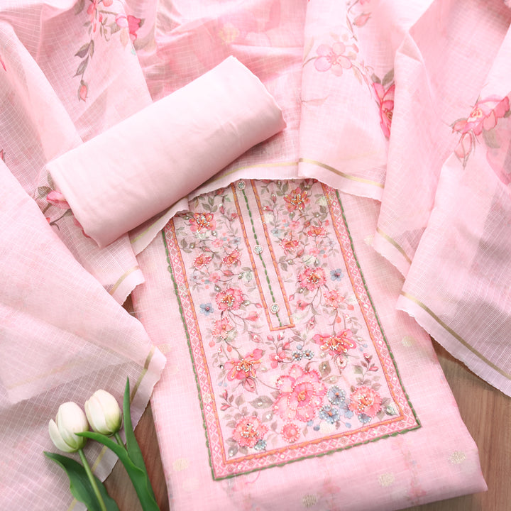 Shristhi Candy PInk Moti with Thread Work Floral Printed Yoke  Kota Doriya Set