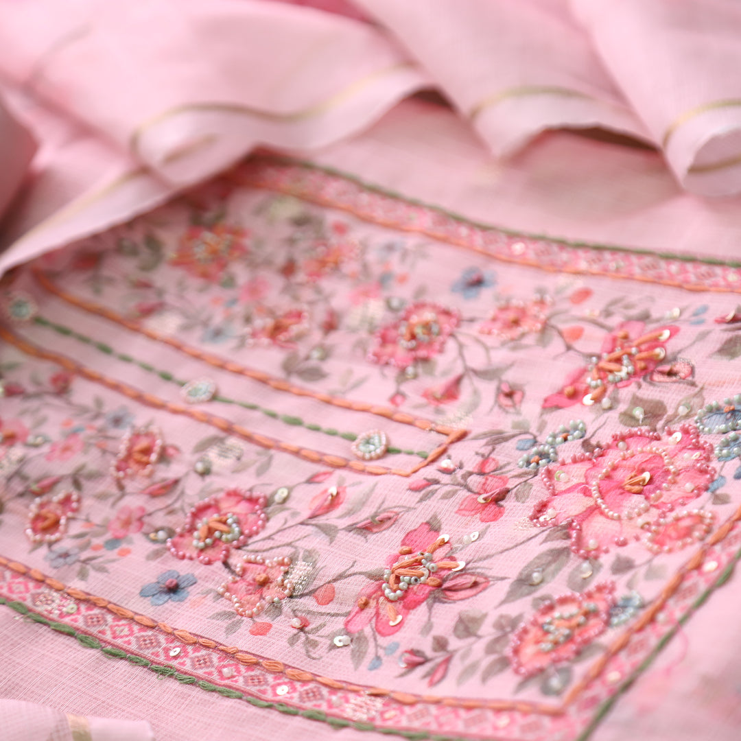 Shristhi Candy PInk Moti with Thread Work Floral Printed Yoke  Kota Doriya Set