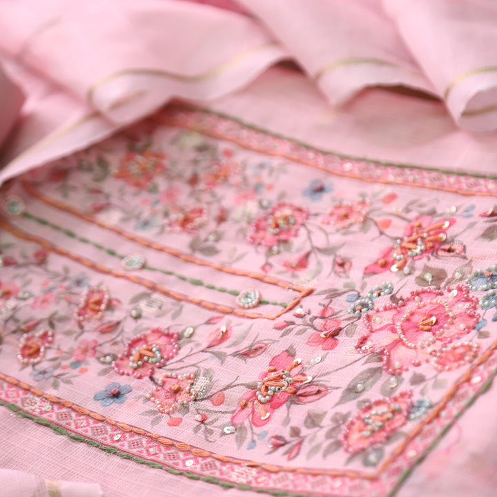 Shristhi Candy PInk Moti with Thread Work Floral Printed Yoke  Kota Doriya Set