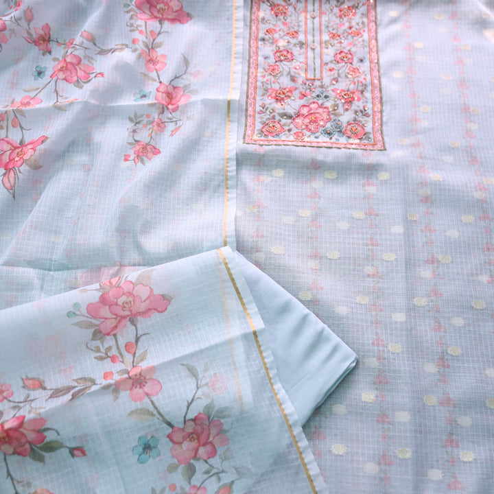 Shristhi Powder Blue Moti with Thread Work Floral Printed Yoke  Kota Doriya Set