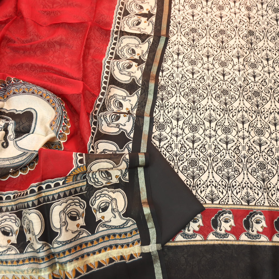 Parineeti Shell Beige with Red Kalamkari Print Maheswari Chanderi Set