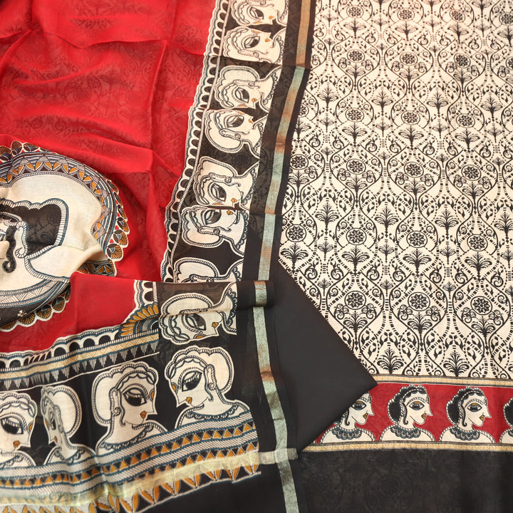 Parineeti Shell Beige with Red Kalamkari Print Maheswari Chanderi Set