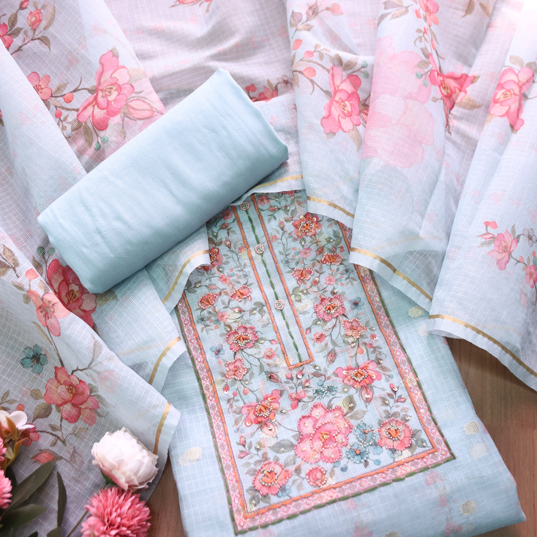 Shristhi Powder Blue Moti with Thread Work Floral Printed Yoke  Kota Doriya Set