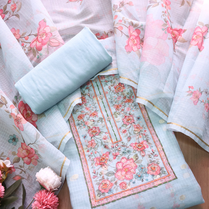 Shristhi Powder Blue Moti with Thread Work Floral Printed Yoke  Kota Doriya Set