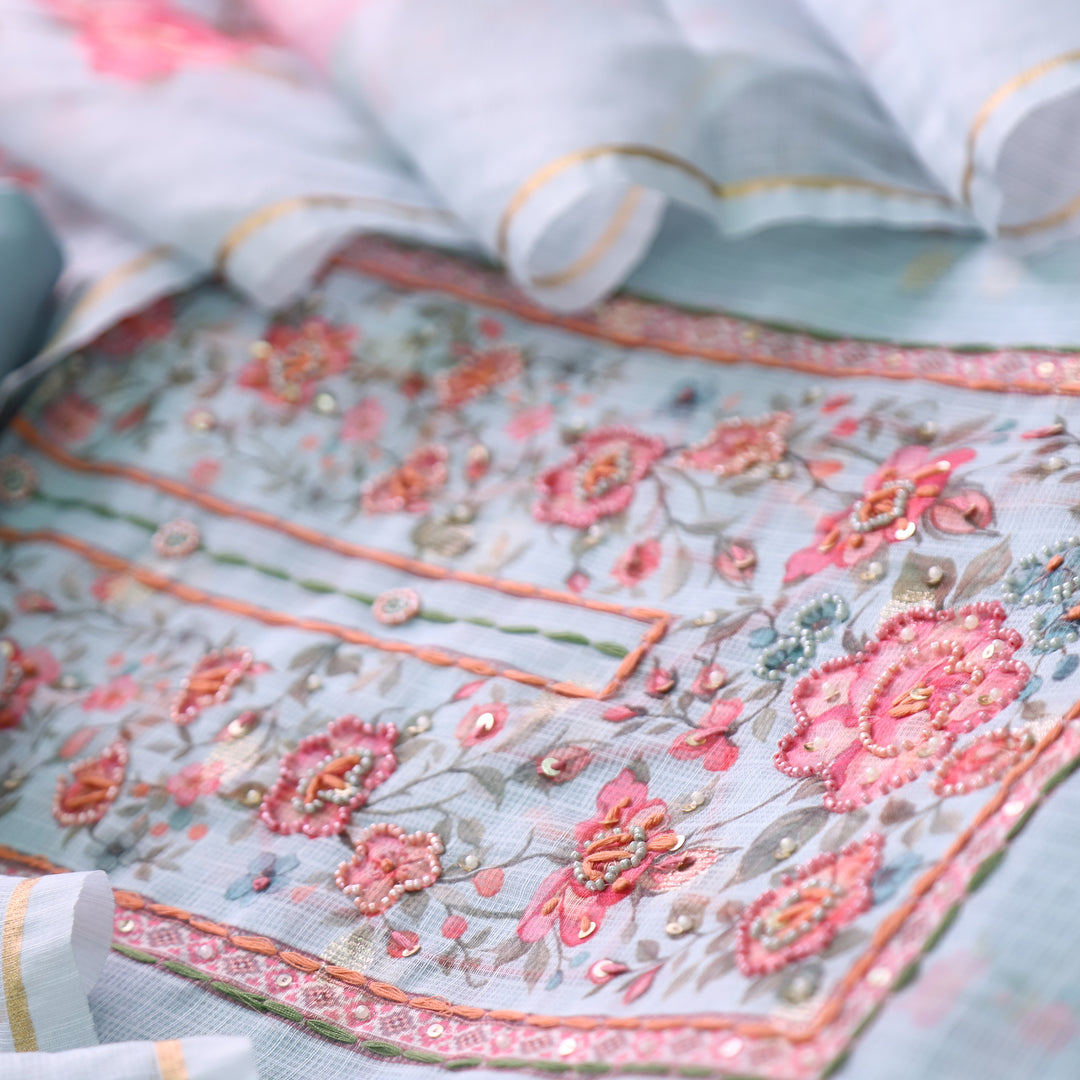 Shristhi Powder Blue Moti with Thread Work Floral Printed Yoke  Kota Doriya Set