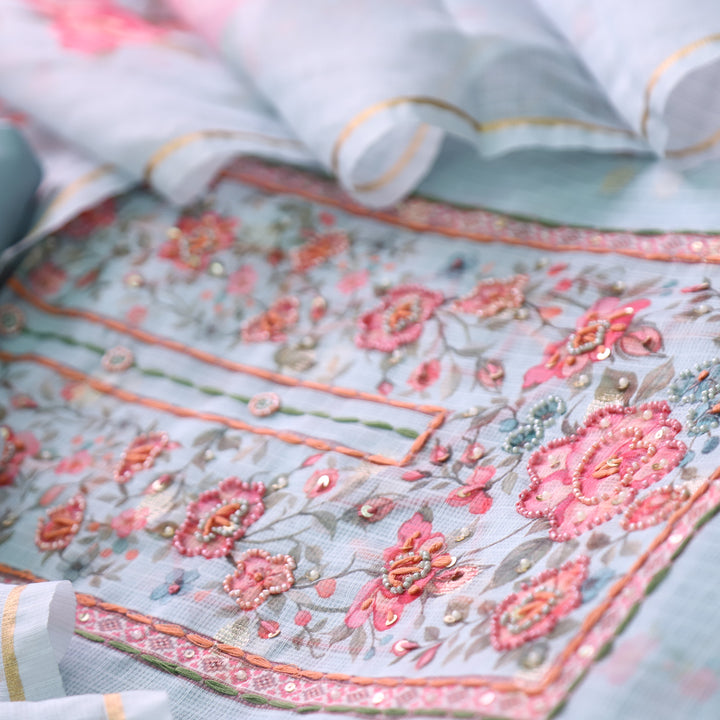 Shristhi Powder Blue Moti with Thread Work Floral Printed Yoke  Kota Doriya Set