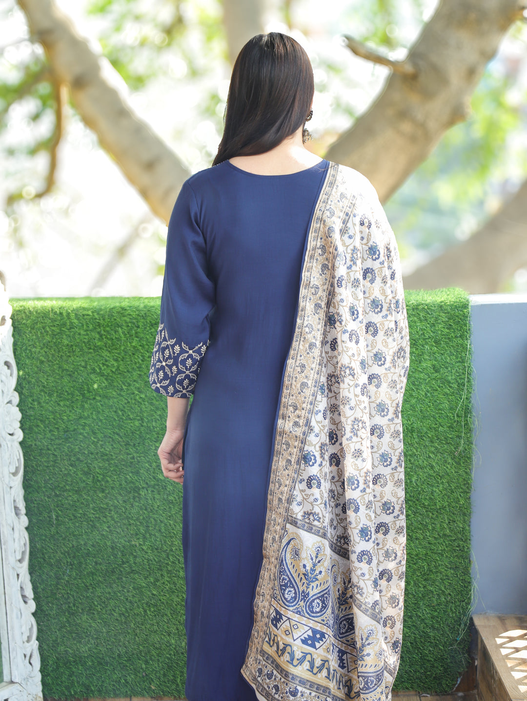 Masakkali Royal Blue Thread Work with Mirror in Front Gathered Roman Silk 3 Piece Set