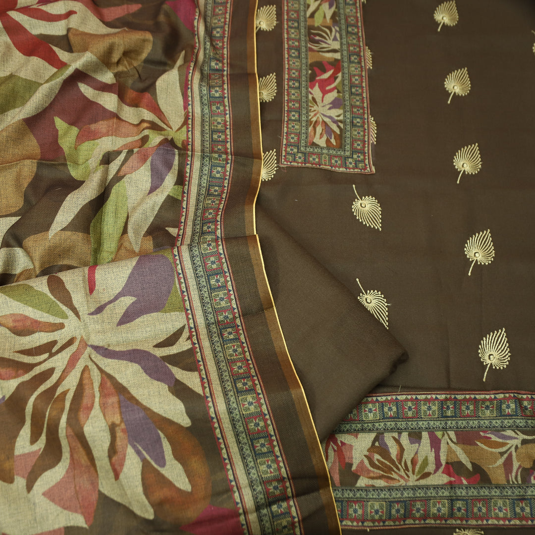 सुन्दरी Olive Green Digital Print Patch Neck with Thread Work Semi Pashmina Winter Set