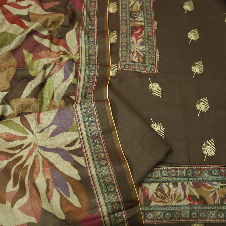 सुन्दरी Olive Green Digital Print Patch Neck with Thread Work Semi Pashmina Winter Set