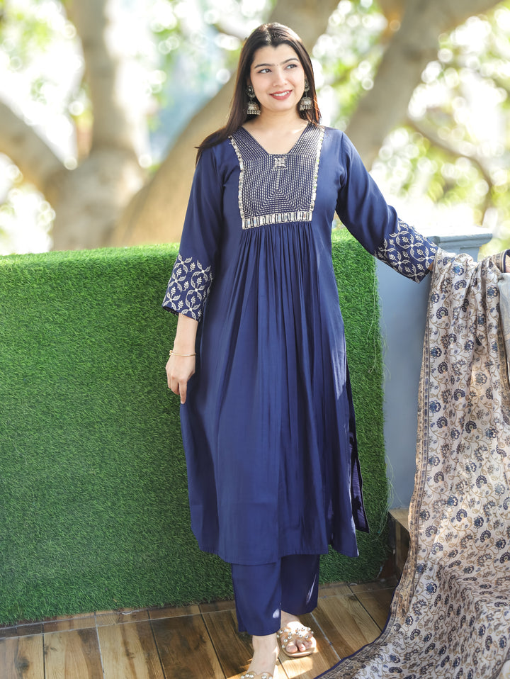 Masakkali Royal Blue Thread Work with Mirror in Front Gathered Roman Silk 3 Piece Set