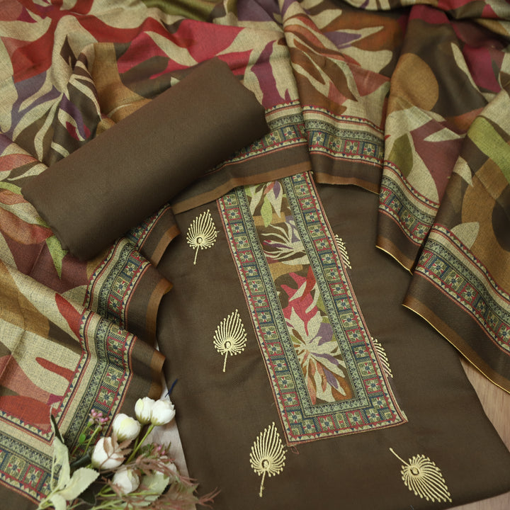 सुन्दरी Olive Green Digital Print Patch Neck with Thread Work Semi Pashmina Winter Set
