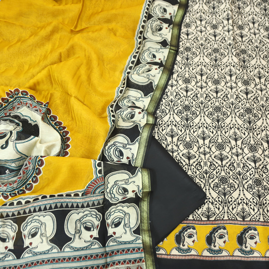 Parineeti Shell Beige with Yellow Kalamkari Print Maheswari Chanderi Set