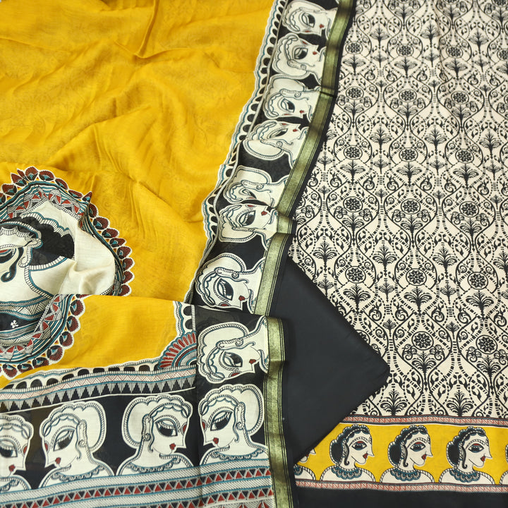 Parineeti Shell Beige with Yellow Kalamkari Print Maheswari Chanderi Set