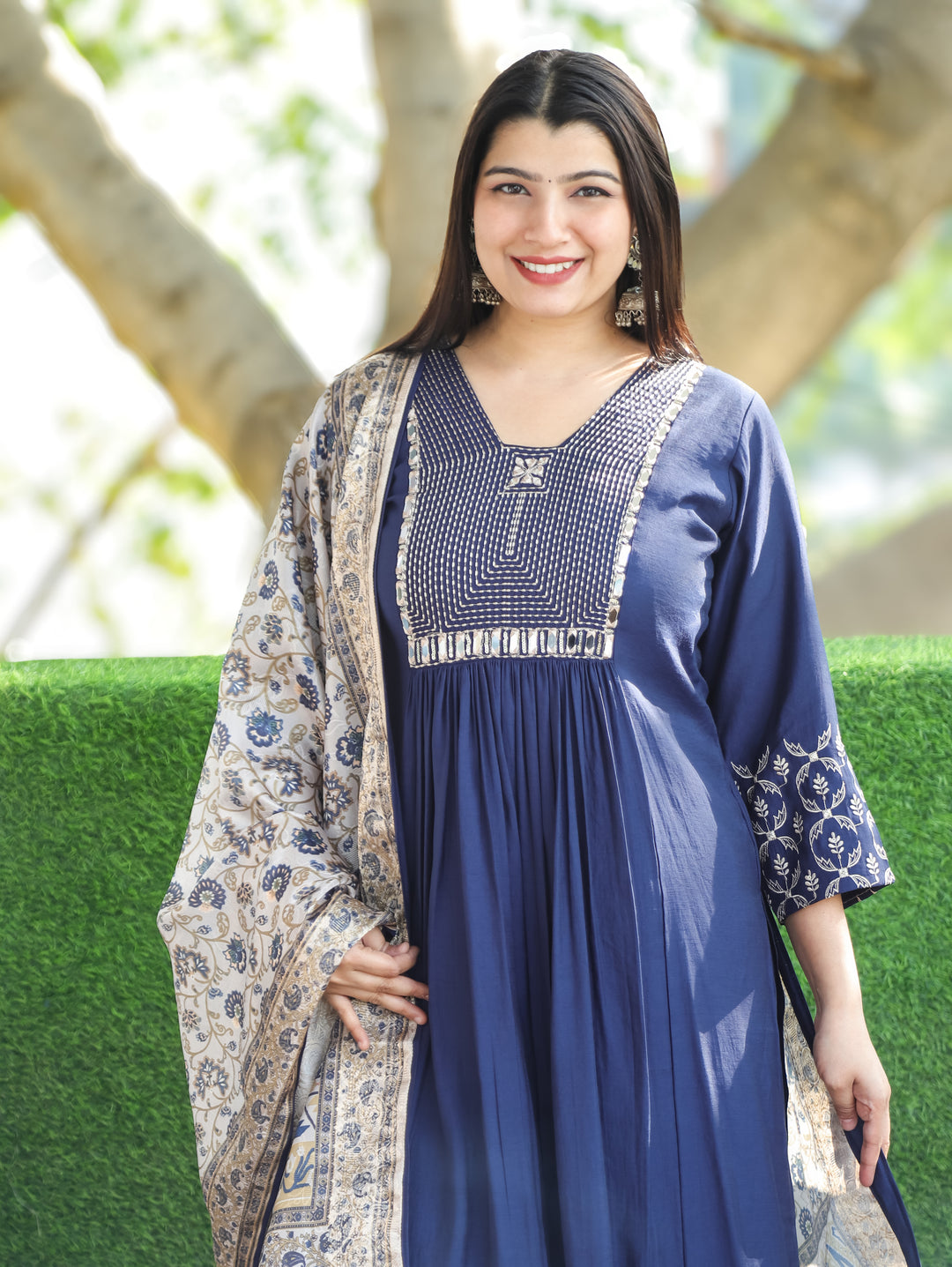 Masakkali Royal Blue Thread Work with Mirror in Front Gathered Roman Silk 3 Piece Set