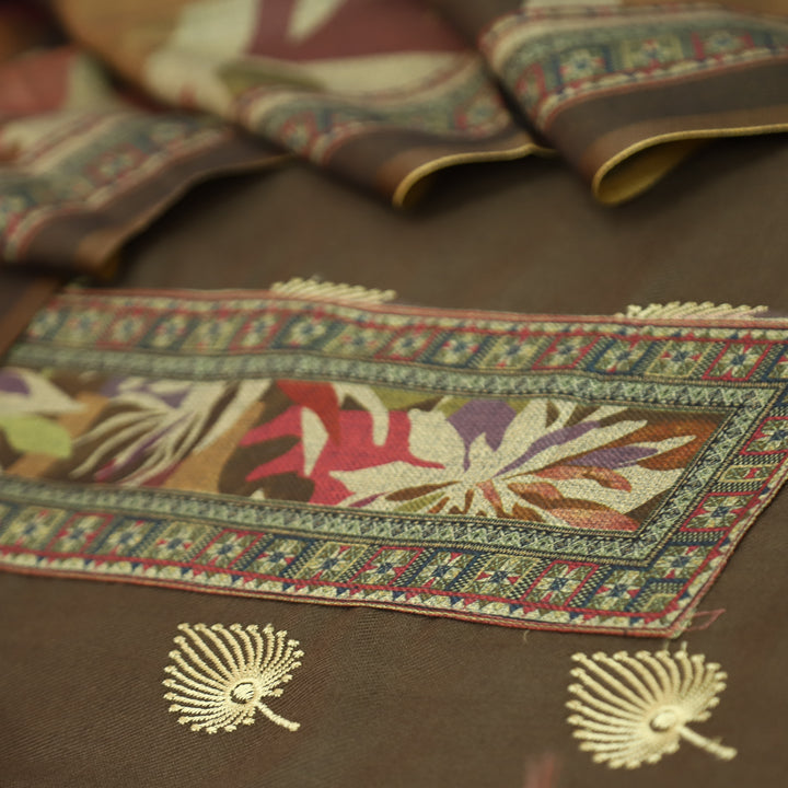 सुन्दरी Olive Green Digital Print Patch Neck with Thread Work Semi Pashmina Winter Set
