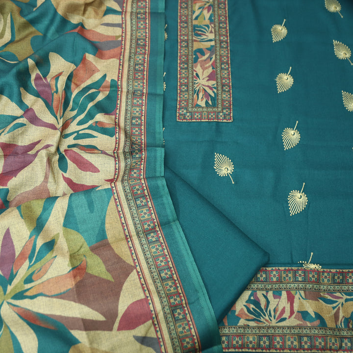 सुन्दरी Aqua Teal Digital Print Patch Neck with Thread Work Semi Pashmina Winter Set