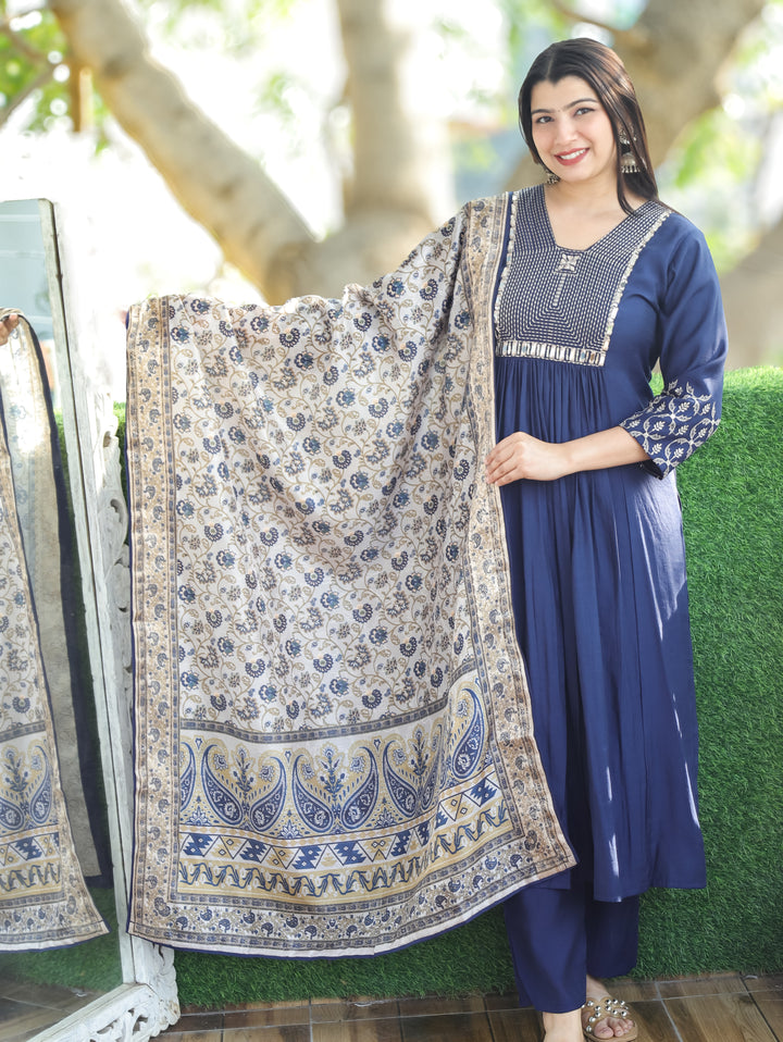 Masakkali Royal Blue Thread Work with Mirror in Front Gathered Roman Silk 3 Piece Set